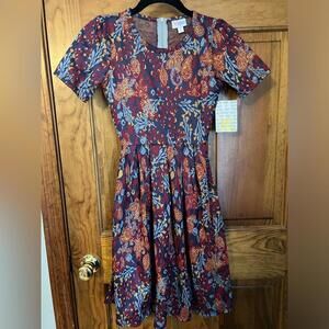 LuLaRoe Amelia Dress Pockets Pleated Full Skirt Zip Fit Flare Midi Blue XXS NWT